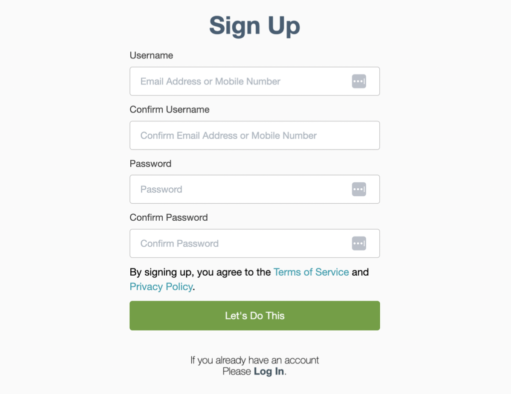 Screenshot of the signup form