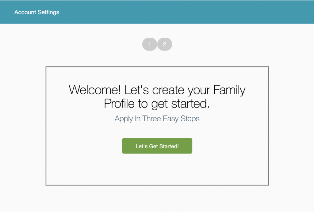 Screenshot of webpage with create a family profile button