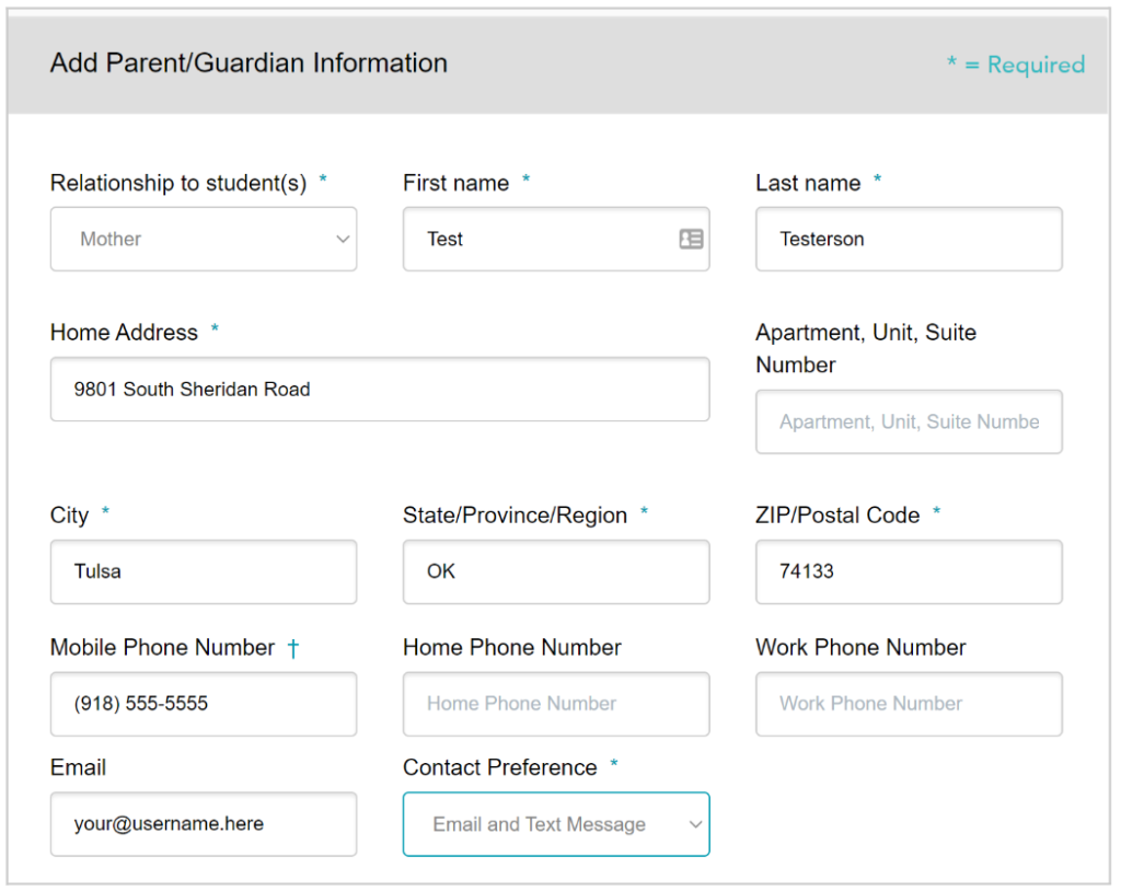 Screenshot of parent or guardian information form