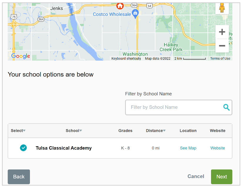 Screenshot showing the map and school selection section