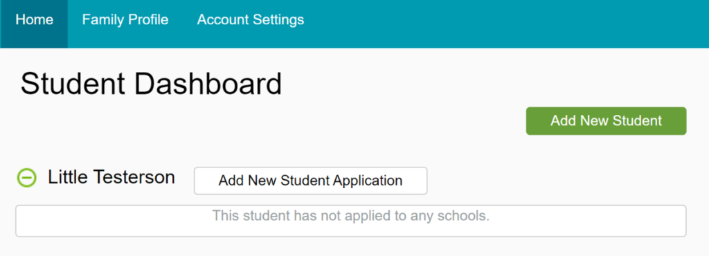 Screenshot of the student dashboard with no schools applied to