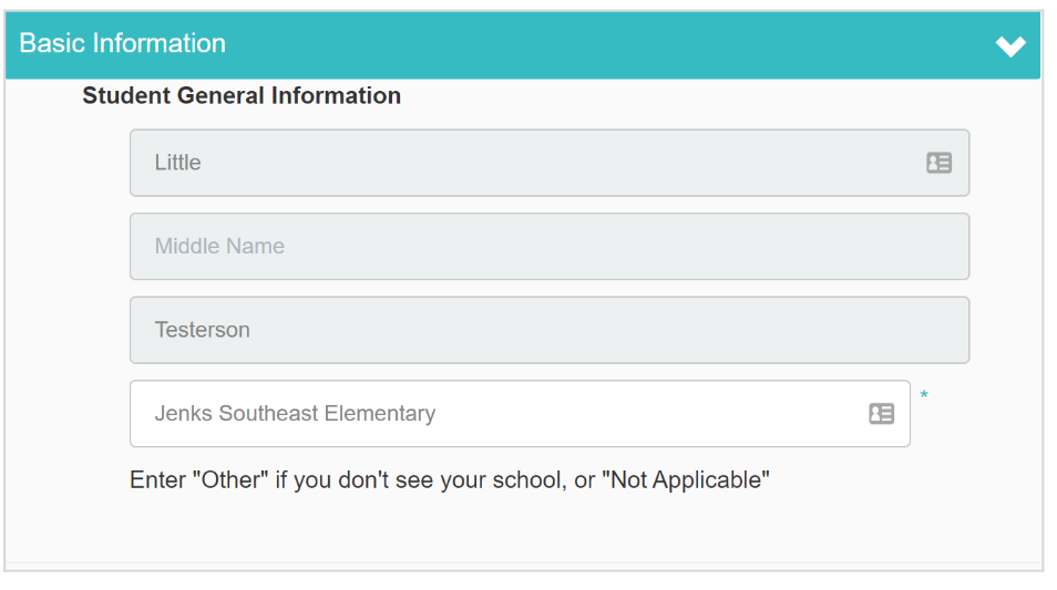 Screenshot of student general information form fields