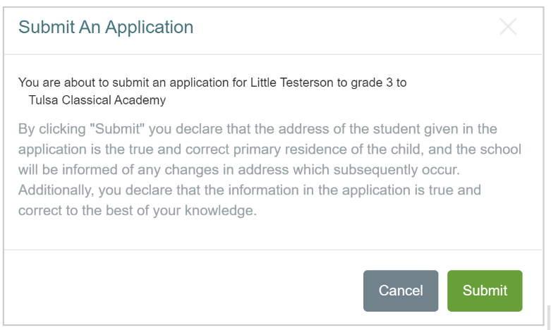 Screenshot of application submission agreement